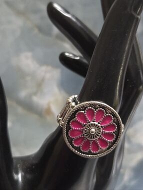 Silver-Accent Pink Floral Statement Ring